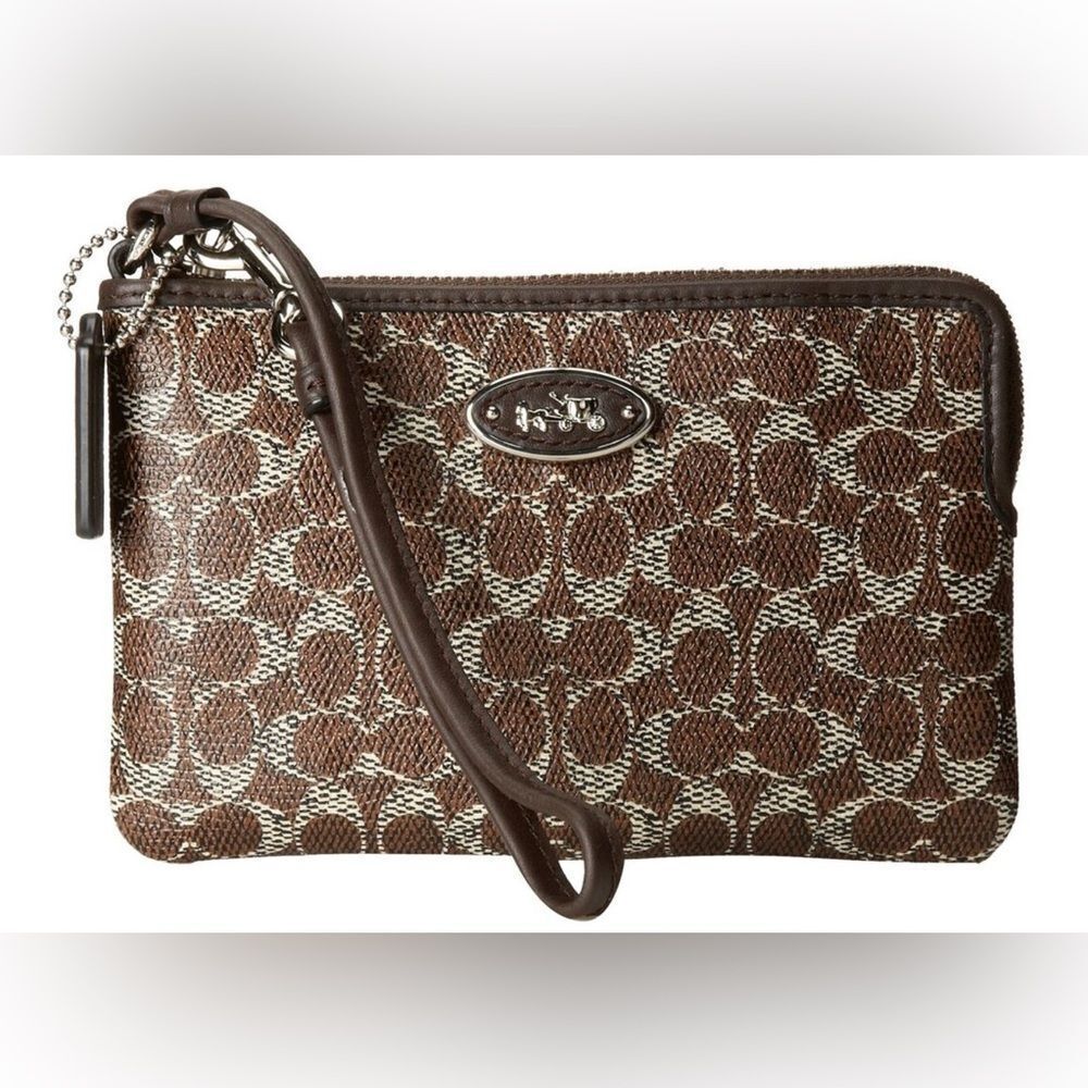 Coach *Hose & Carriage* Small Brown Coated Canvas Wristlet Card Case Clutch